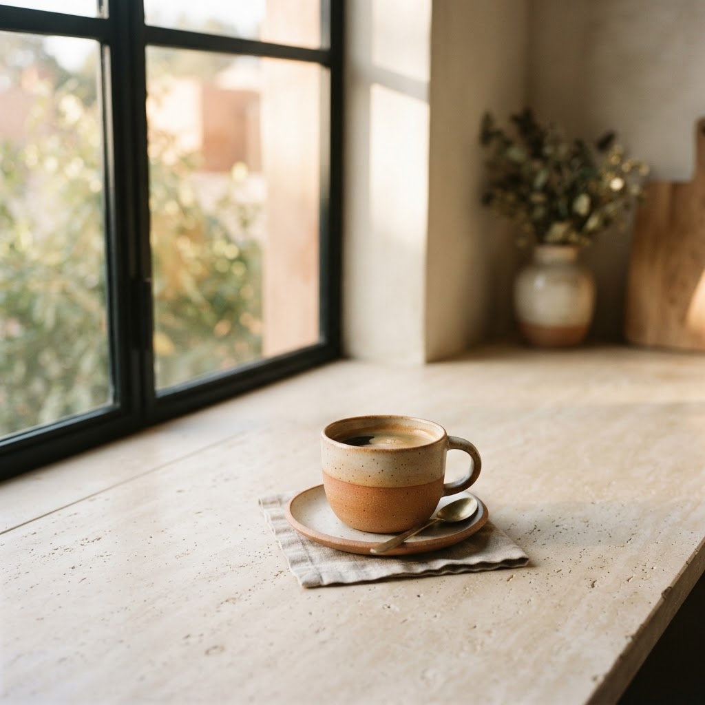 Early morning coffee scene with warm sunlight