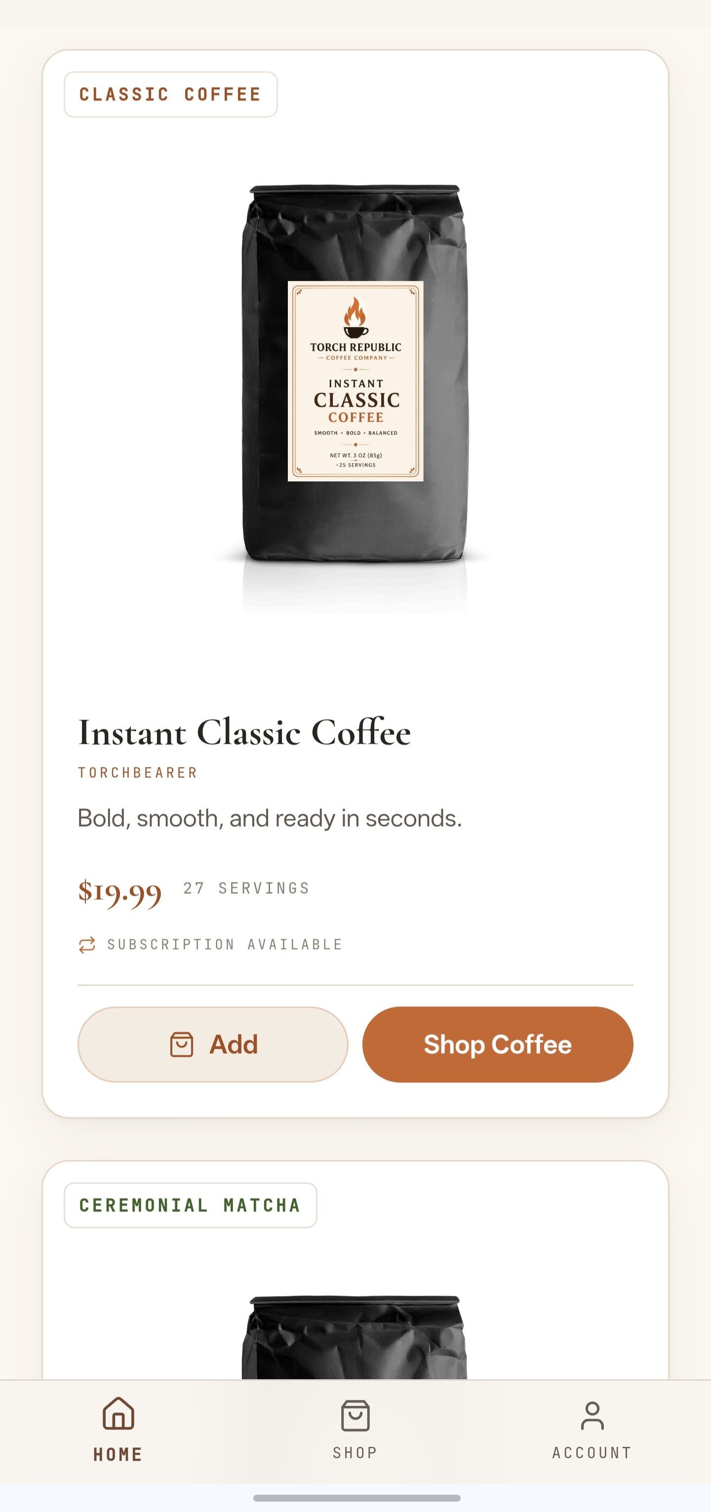 Product card showing Instant Classic Coffee at $22.99 with add-to-cart and view-details actions.