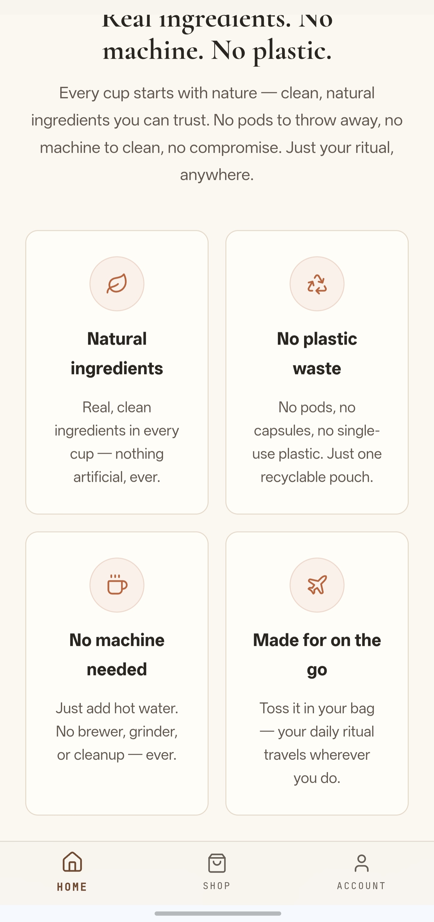 Feature grid highlighting clean ingredients, no plastic, no machine, and on-the-go convenience.