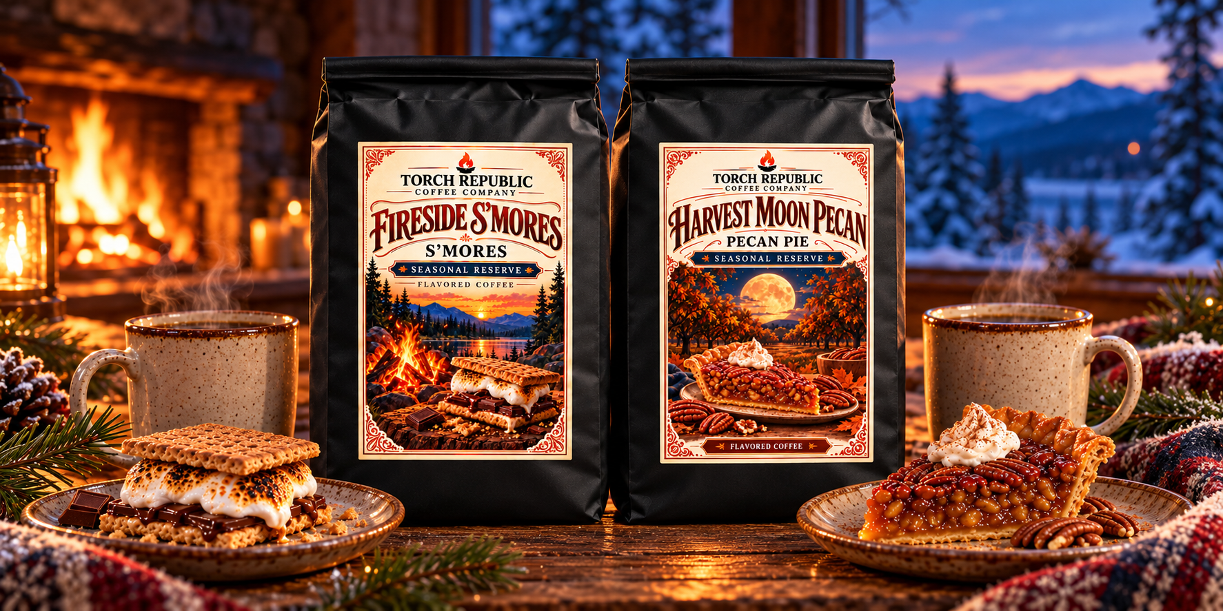 Torch Republic Fireside S’mores and Harvest Moon Pecan coffee bags in a winter setting.
