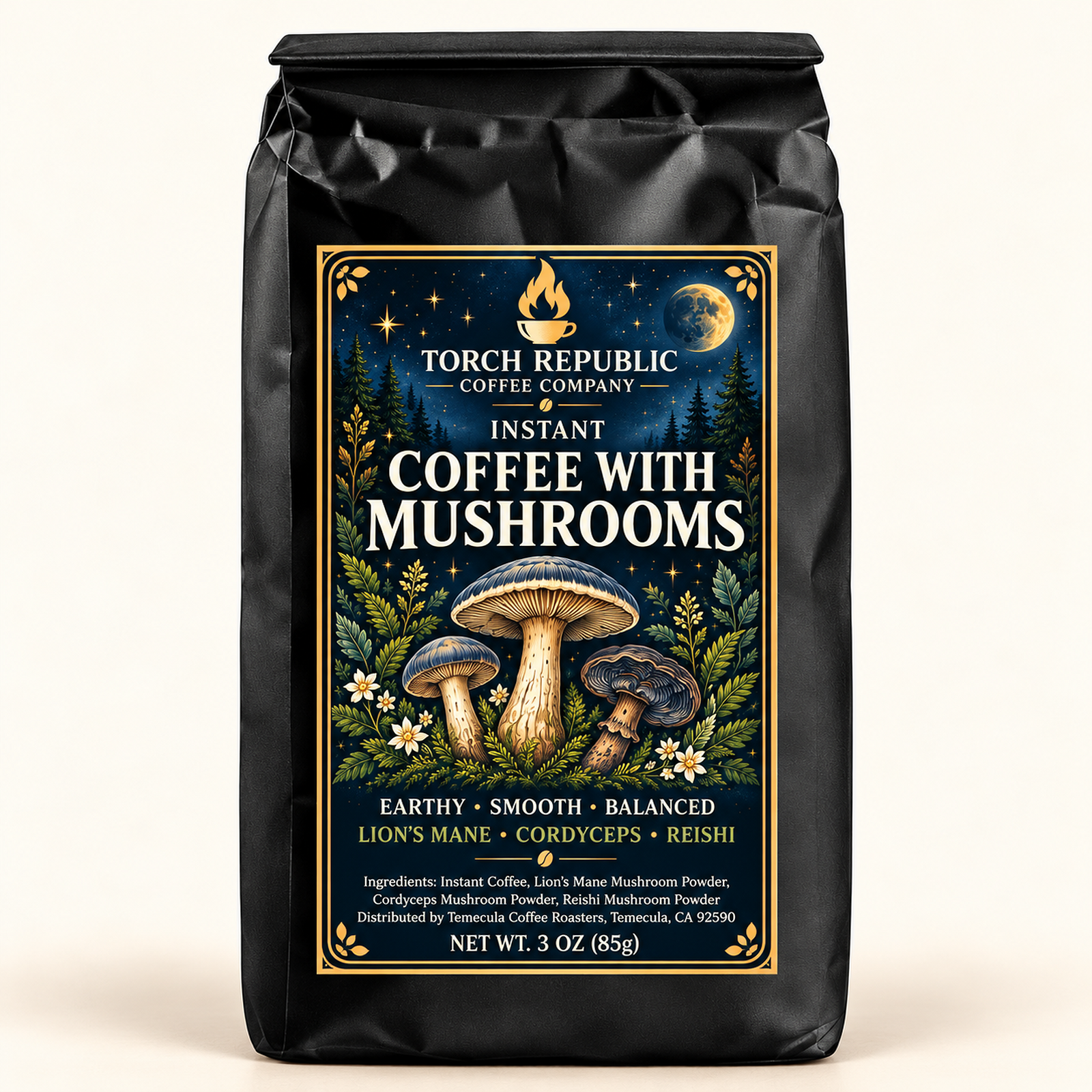 Instant Mushroom Coffee — matte black 3 oz stand-up pouch with the navy Torch Republic mushroom label.