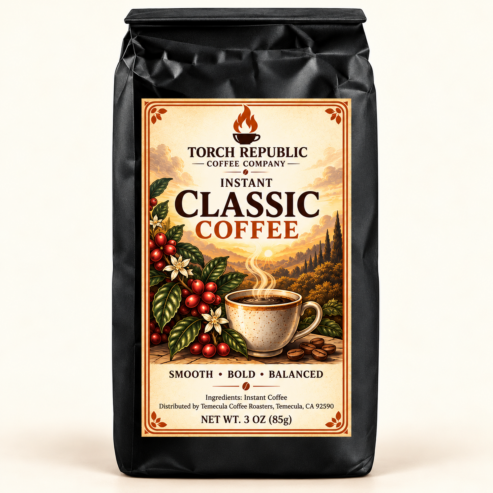 Instant Classic Coffee — matte black 3 oz stand-up pouch with the cream Torch Republic classic label.