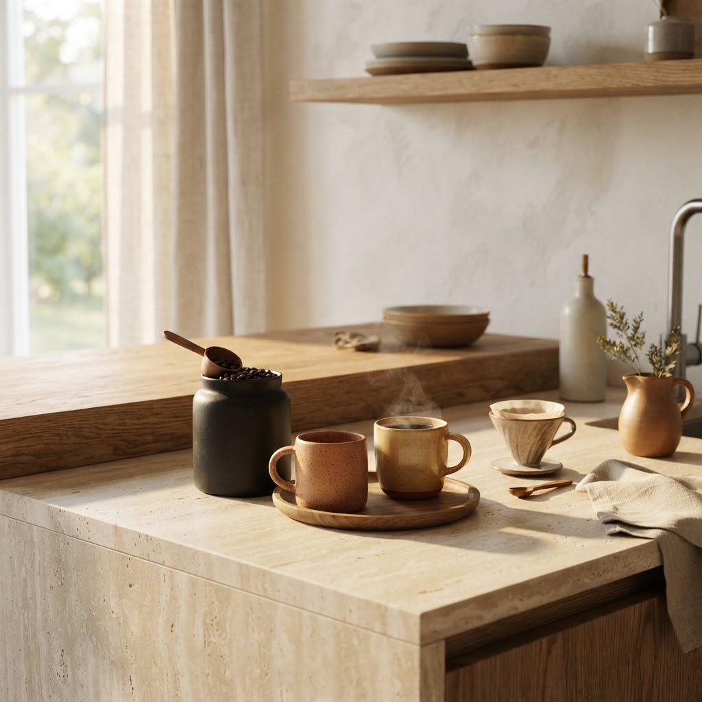 Warm morning kitchen scene with ceramic cups and coffee