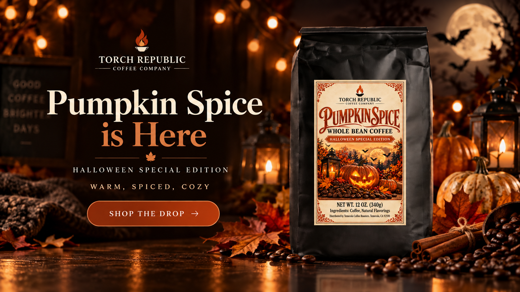 Pumpkin Spice Whole Bean Coffee — Halloween Special Edition from Torch Republic Coffee Company. Tap to shop the drop.