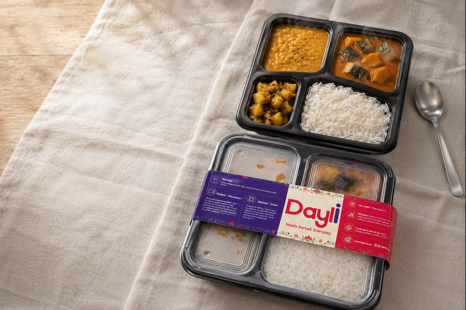 Two Dayli ready-meal trays on a linen cloth: one open with dal, curry, potato fry and rice, one sealed with the Dayli sleeve.