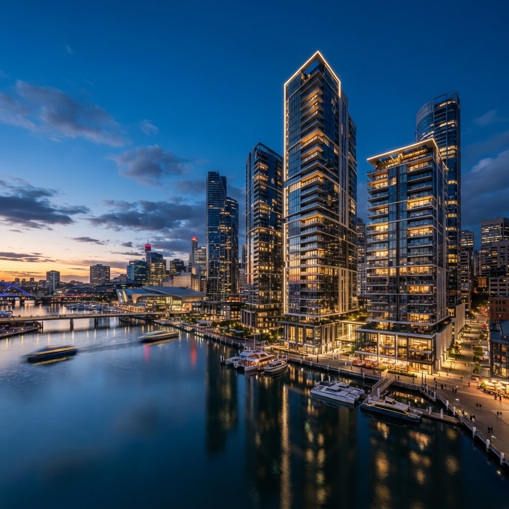Darling Harbour luxury towers at blue hour