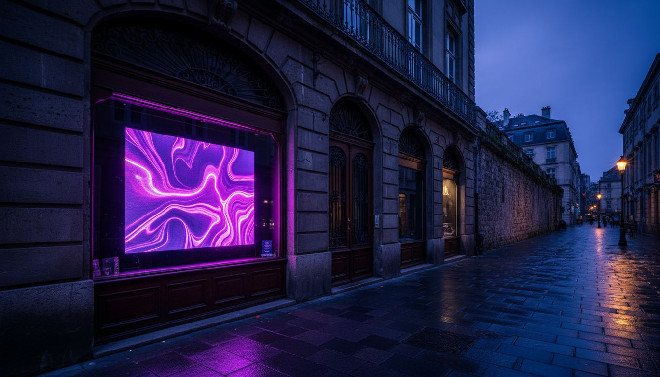 Premium Werbedisplay im Schaufenster bei Nacht