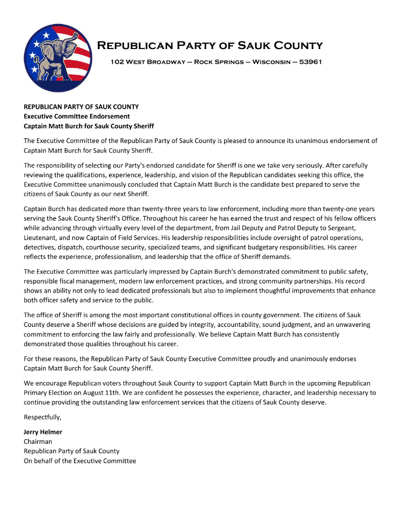 Endorsement letter from the Republican Party of Sauk County
