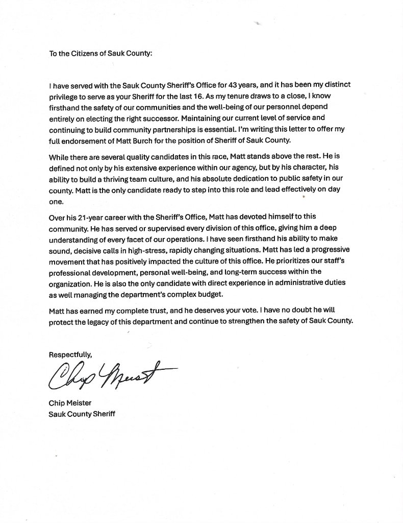 Endorsement letter from Chip Meister, Sauk County Sheriff