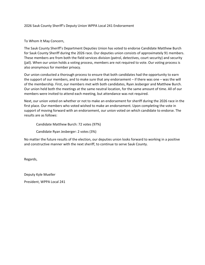 Endorsement letter from the Sauk County Sheriff's Deputy Union, WPPA Local 241