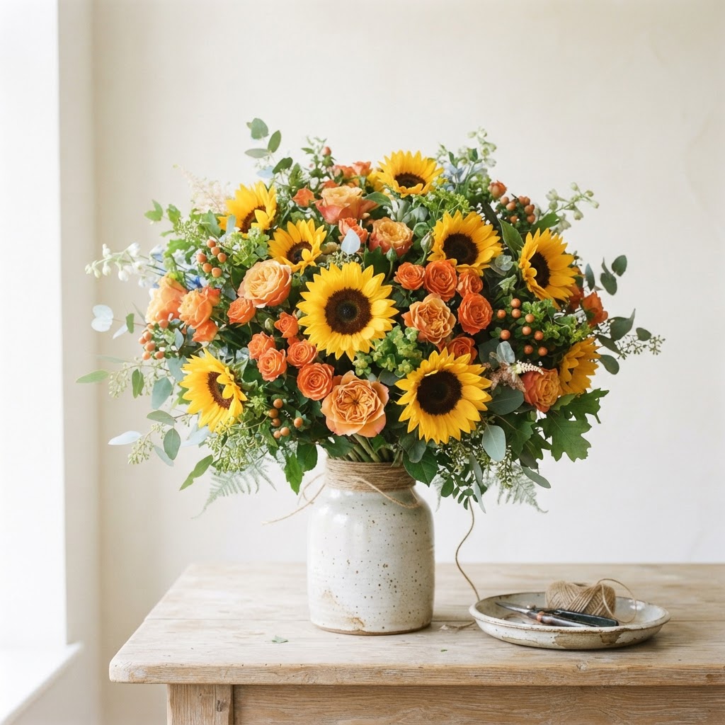 Girasoles y rosas del florista