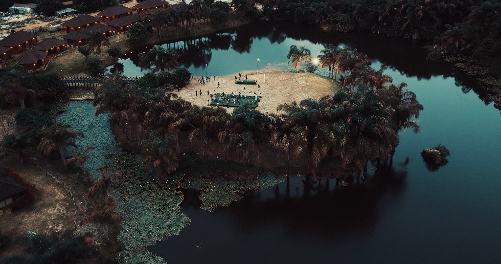 Aerial view of the resort island at dusk