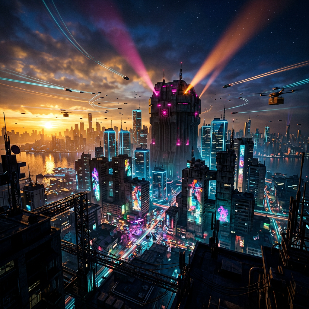 Mega-city skyline at golden hour with heist vault building at center