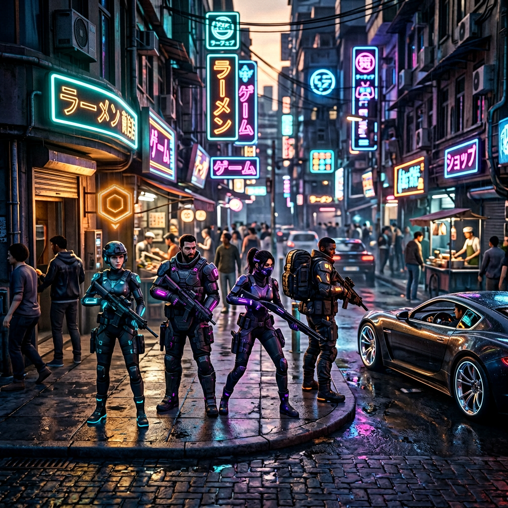 Squad of four characters standing in the interactive city environment