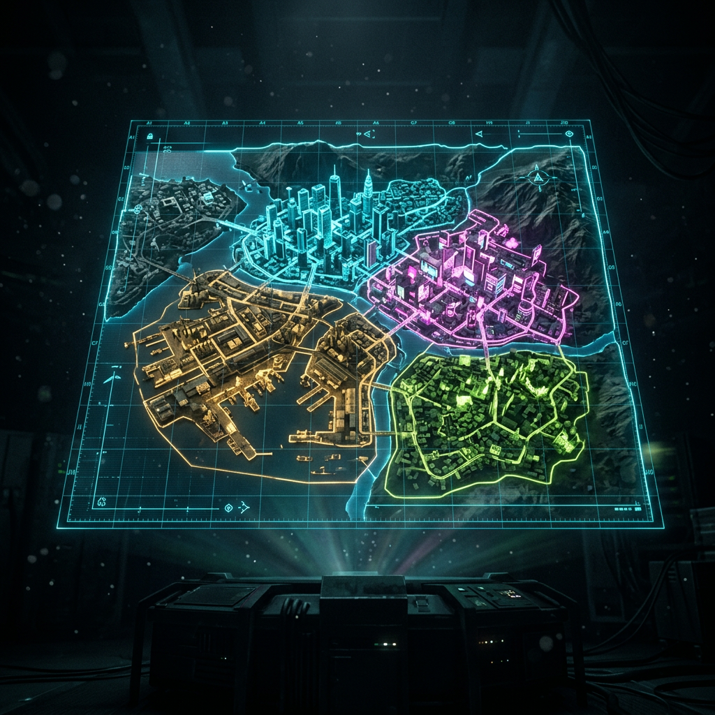 Holographic tactical map overview of Grand Heist City districts