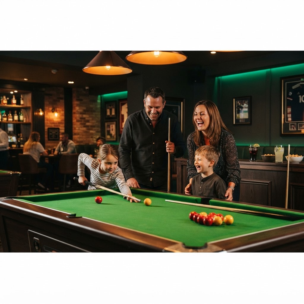 A family playing pool together at The Cue and Darts Lounge