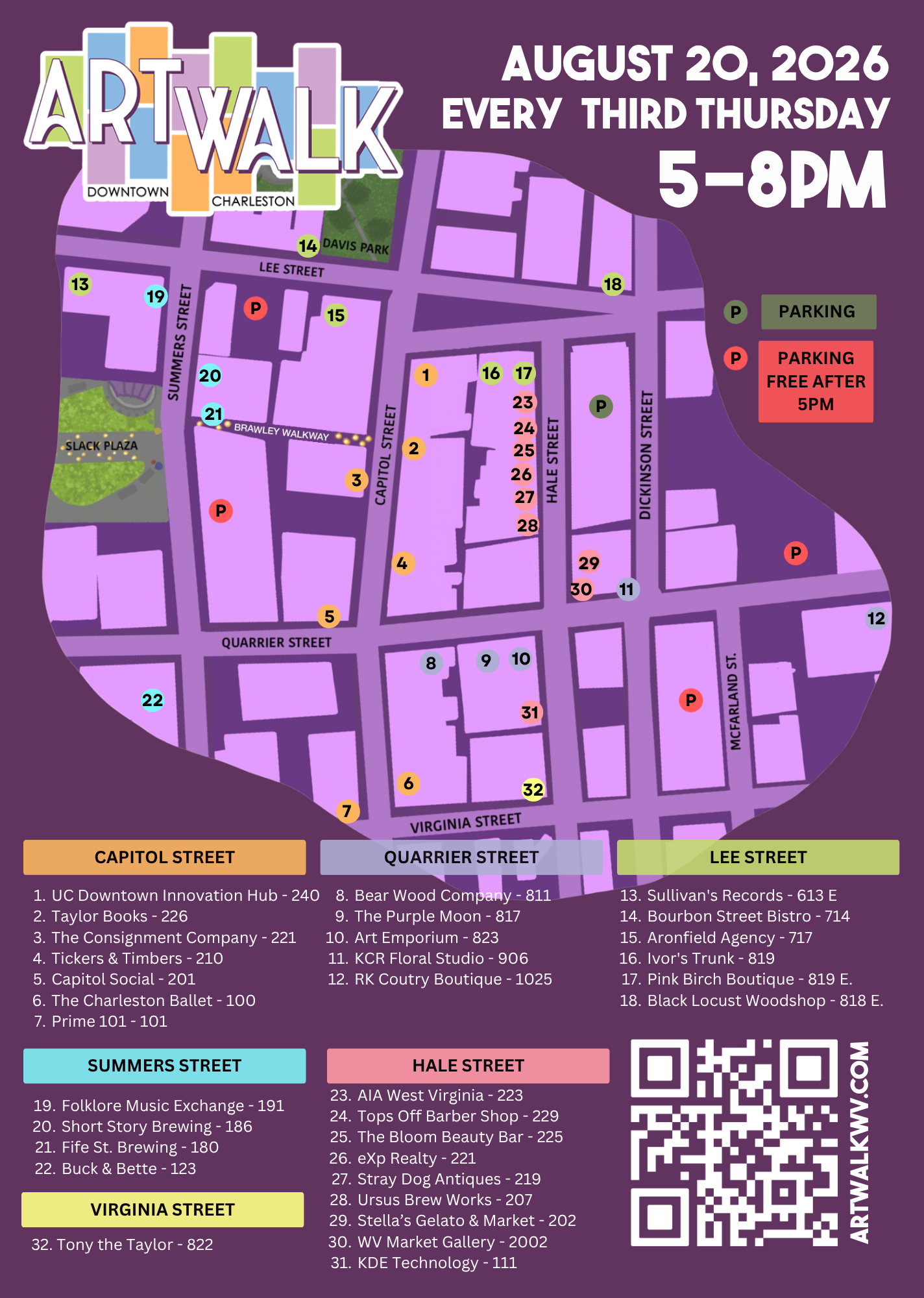 ArtWalk Map - August 20, 2026 Downtown Charleston
