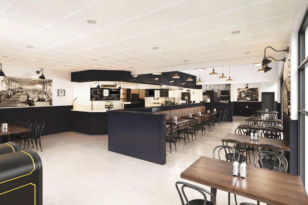 Interior of The Pizza Press restaurant in Celebration, FL with modern industrial dining design, dark millwork, and tufted leather banquette seating