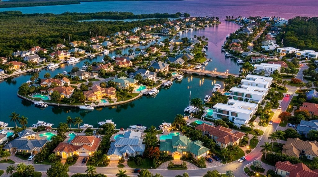 Aerial twilight view of The Isle canal-front community development in Grand Cayman — waterways winding through landscaped homes with private pools, docks, and moored yachts under a violet-to-teal sky.