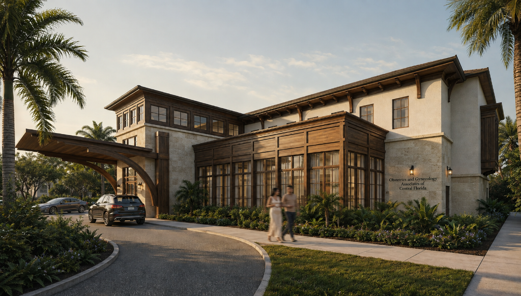 Two-story medical office building for OBGYN of Central Florida in Ocoee, FL at golden hour, featuring travertine stone and dark-stained timber facade, a curved porte-cochere over the drop-off, multi-pane grid windows, and lush tropical landscaping