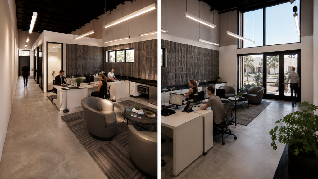 Sunset rendering of 12324 W Colonial Drive in Winter Garden, FL — modern minimalist single-story spec office building with white stucco facade, wood-slat cladding, recessed glass storefronts, and warm architectural uplighting