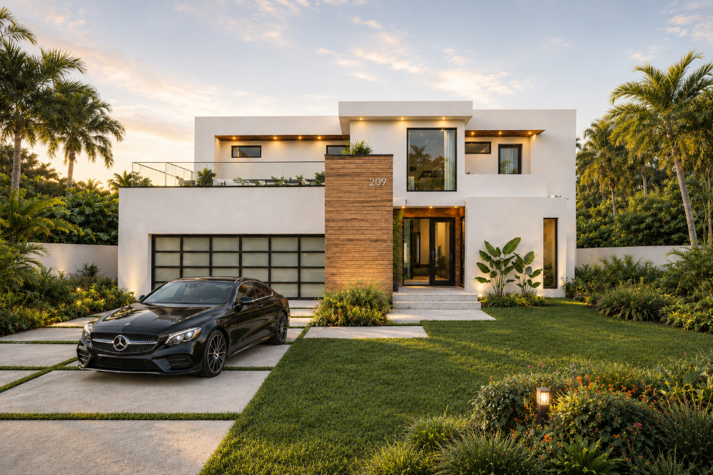Two-story luxury modern minimalist home in West Palm Beach FL — white stucco, vertical wood slats, black-framed glass, frosted garage door, tropical landscaping at sunset.