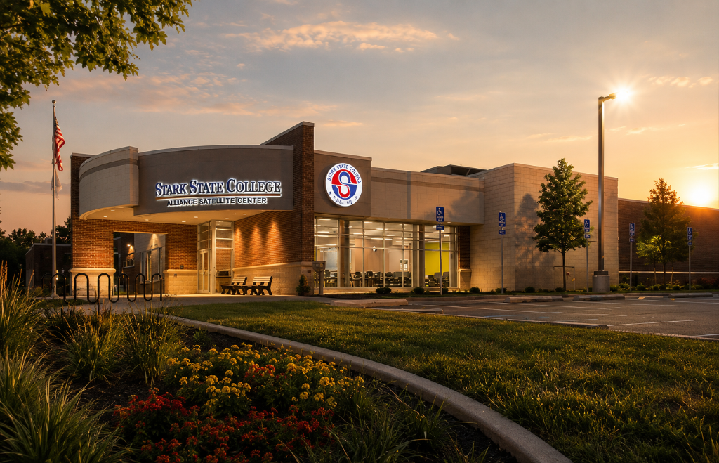 Night exterior of Stark State College Alliance Satellite Center in Alliance, OH — brick and masonry civic building with illuminated entry canopy, large glazing, and branded signage glowing against a deep blue sky