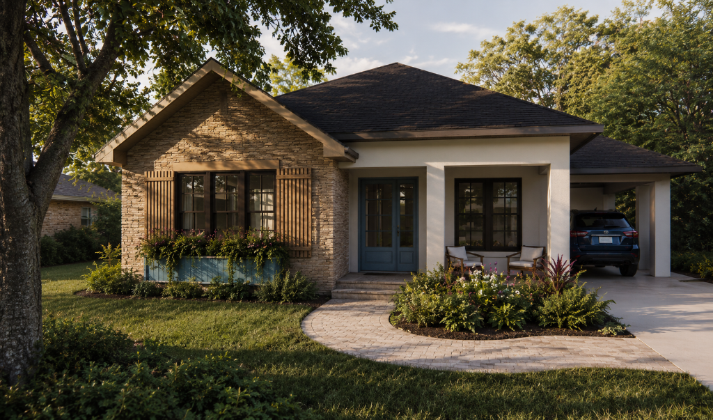Single-story modern cottage home in Edgewater FL — stone veneer and stucco facade, black-framed windows with wood-slat shutters, blue French doors, covered porch with carport, golden-hour light.