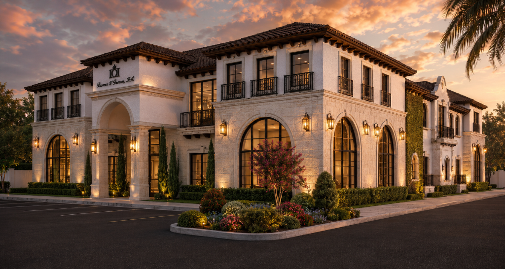 Twilight exterior of Palm Beach Law Office in North Palm Beach, FL — Mediterranean-style two-story building with white stucco walls, stone accents, arched windows, iron balconies, and dramatic sunset sky