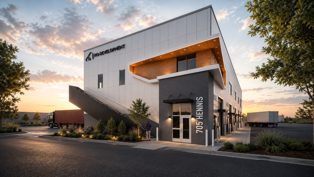 Sunset exterior of Hennis Flex Space in Winter Garden, FL — modern industrial building with white metal panel facade, dark grey textured entryway, wood-paneled recess, external steel staircase, and warm landscape uplighting