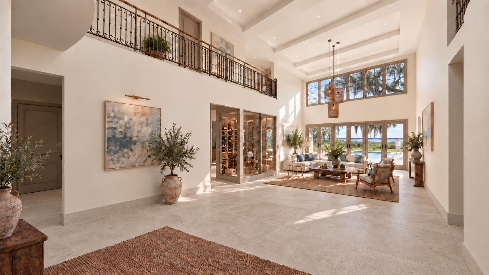 Renovated white stucco modern Mediterranean home in Lake Nona FL with tile roof, black steel windows, cypress trees and a stone paver walkway leading to the front entry at golden hour.