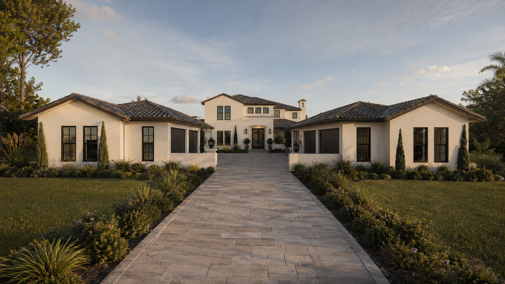 Renovated white stucco modern Mediterranean home in Lake Nona FL with tile roof, black steel windows, cypress trees and a stone paver walkway leading to the front entry at golden hour.