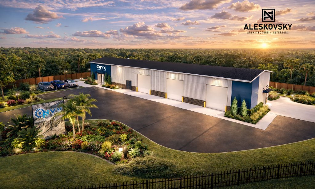 Architectural rendering of Onyx Countertops facility in Orlando, FL — industrial warehouse with blue and white metal panel facade, overhead doors, branded monument sign, and landscaped entry at sunset