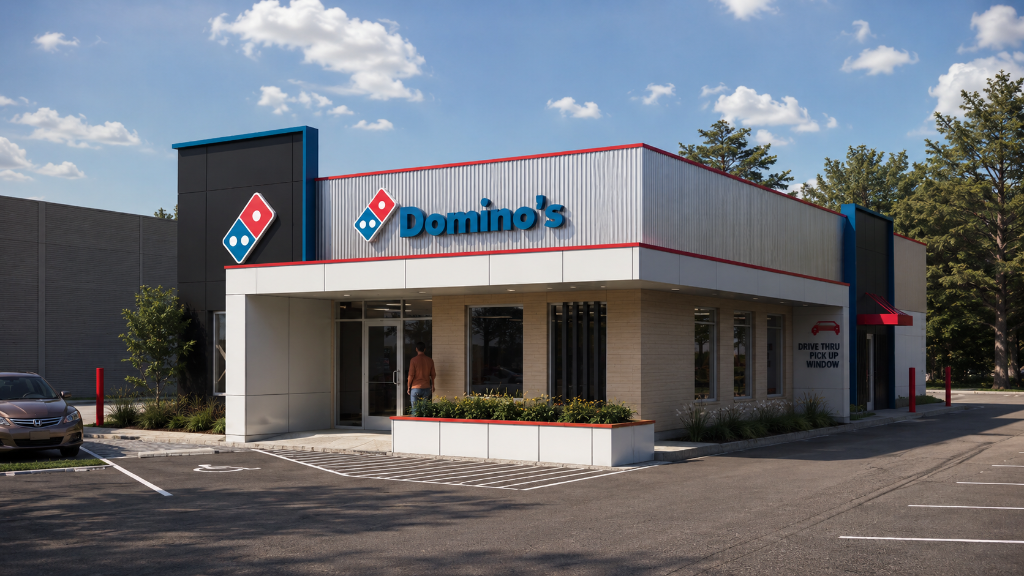Renovated Domino's restaurant in Orlando, FL — modern exterior with black feature tower, light brick cladding, corrugated metal siding, white entrance canopy, and branded signage