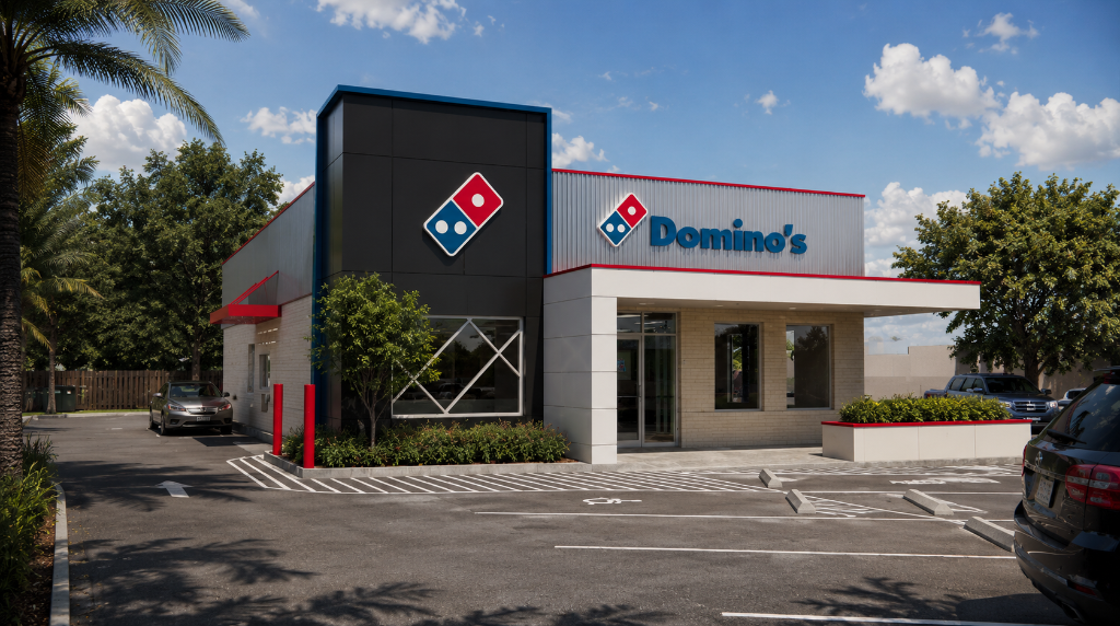 Renovated Domino's restaurant in Orlando, FL — modern exterior with black feature tower, light brick cladding, corrugated metal siding, white entrance canopy, and branded signage