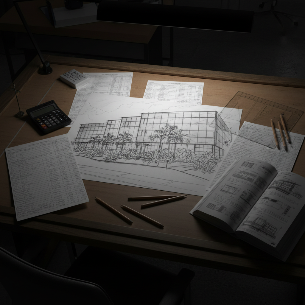 Architectural sketches and case study materials on drafting board