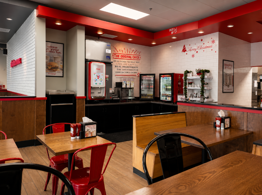 Interior of Mooyah burger franchise in Winter Park, FL, showing a long dining aisle with white brick walls, red metal chairs, wood-topped tables, built-in booth seating, and a dark charcoal ceiling soffit with red pendant lights