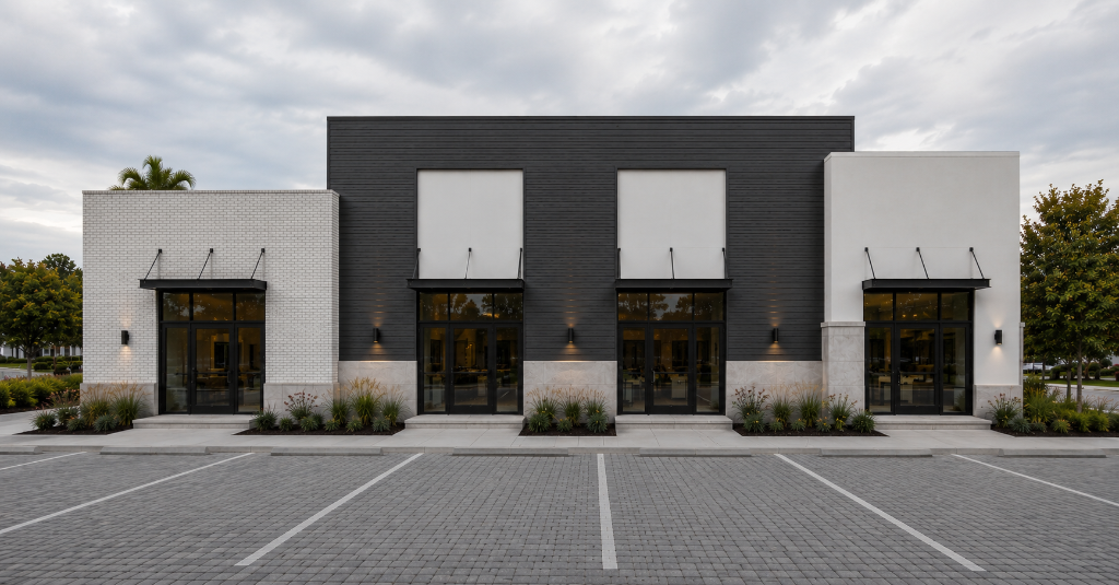 Michigan Ave Medical Office Building exterior with charcoal siding, white stucco wings, and black metal entrance awnings in Orlando, FL