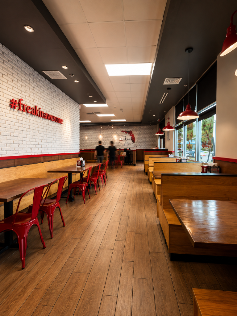 Interior of Mooyah burger franchise in Winter Park, FL, showing a long dining aisle with white brick walls, red metal chairs, wood-topped tables, built-in booth seating, and a dark charcoal ceiling soffit with red pendant lights