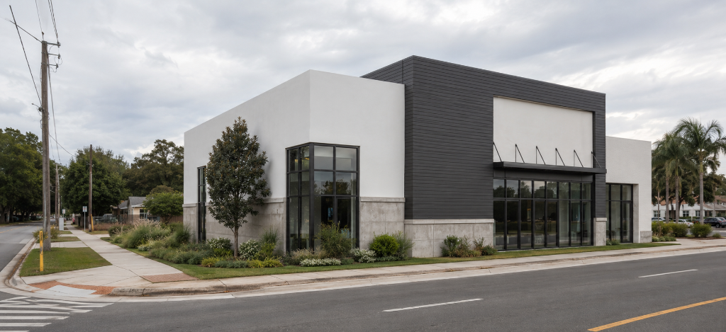 Michigan Ave Medical Office Building exterior with charcoal siding, white stucco wings, and black metal entrance awnings in Orlando, FL