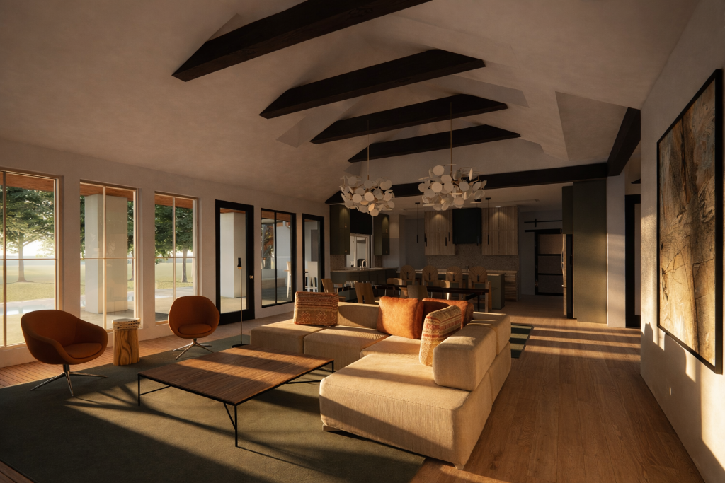 Interior of Retirement Retreat home in Williston FL — open-concept living area with vaulted ceilings, exposed wooden beams, L-shaped sectional sofa, orange armchairs, and floor-to-ceiling windows with golden-hour light.