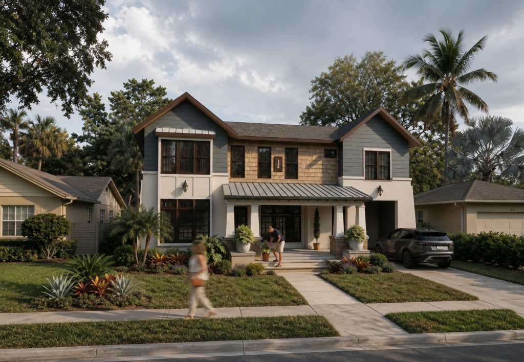 Two-story modern craftsman home in Oviedo FL — dark grey siding, cedar shingles, stucco facade, gabled roof, front porch with tapered white columns, manicured landscaping.