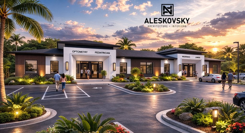 Oviedo Medical Office in Oviedo, FL — single-story commercial building with white portals, dark wood-panel siding, flat roofline, and landscape uplighting at sunset