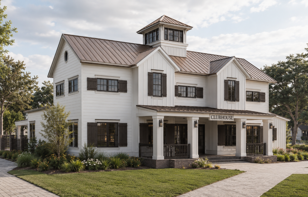 Brandon Town Center Clubhouse, a modern farmhouse-style two-story community clubhouse with white siding, dark bronze metal roof, and cupola in Brandon, FL