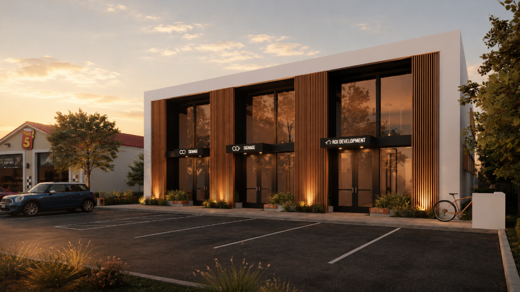 Sunset rendering of 12324 W Colonial Drive in Winter Garden, FL — modern minimalist single-story spec office building with white stucco facade, wood-slat cladding, recessed glass storefronts, and warm architectural uplighting