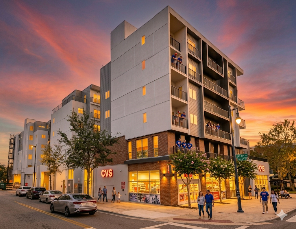Social 28 student housing complex in Gainesville, FL at sunset — multi-story mixed-use building with CVS Pharmacy on the ground floor, red brick base, white stucco and grey vertical siding upper floors, and recessed balconies with dark metal railings