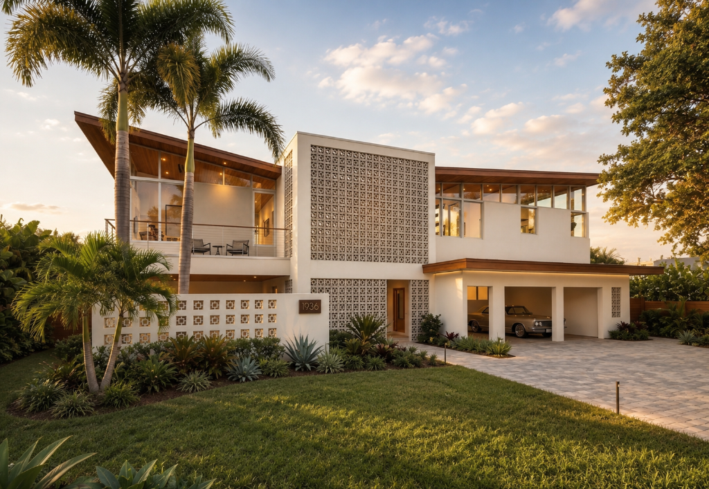 Two-story hurricane-proof mid-century modern home in St. Petersburg FL — white stucco, concrete breeze blocks, warm wood soffits, double carport, cable-railed balcony, tropical landscaping at golden hour.