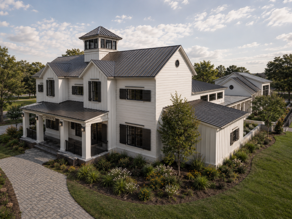 Brandon Town Center Clubhouse, a modern farmhouse-style two-story community clubhouse with white siding, dark bronze metal roof, and cupola in Brandon, FL