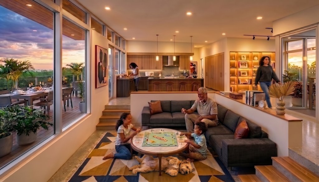 Two-story hurricane-proof mid-century modern home in St. Petersburg FL — white stucco, concrete breeze blocks, warm wood soffits, double carport, cable-railed balcony, tropical landscaping at golden hour.