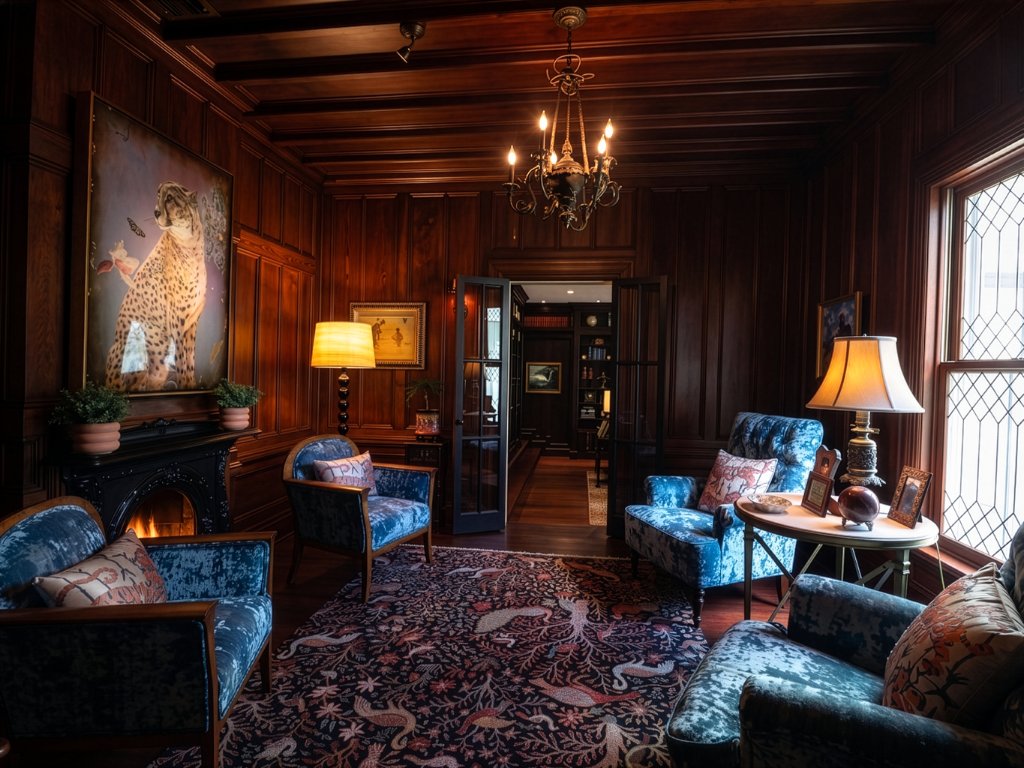 Eclectic residential interior with dark built-in bookshelves, coral sofa, leopard rug, and layered furnishings in Winter Park